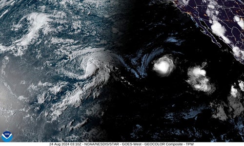 This satellite image provided by the National Oceanic and Atmospheric Administration (NOAA) shows Tropical Storm Hone and Hurricane Gilma located southeast of Hawaii, Friday, Aug. 22, 2024. (NOAA via AP)