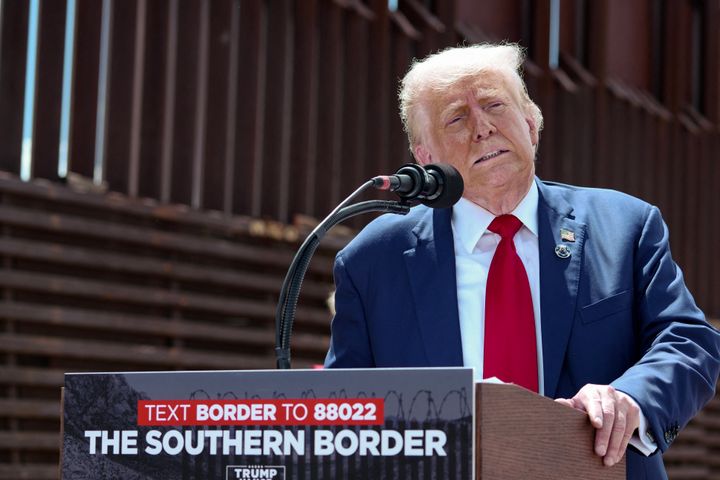 Former US President and Republican presidential candidate Donald Trump speaks about immigration and border security near Coronado National Memorial in Montezuma Pass, Arizona, August 22, 2024. 