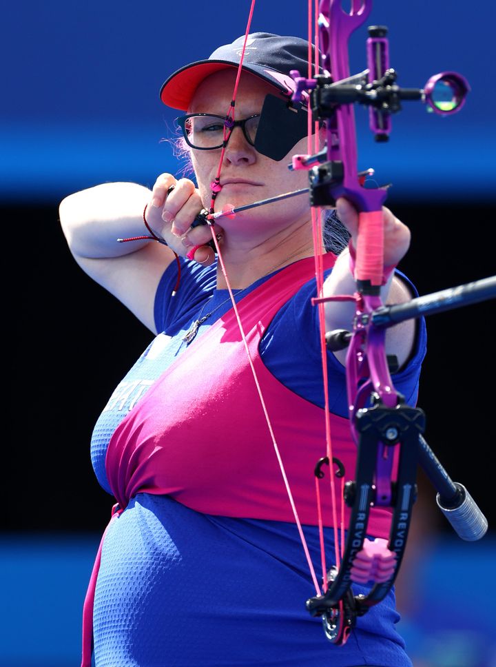 Jodie Grinham of Team Great Britain trains ahead of the Para Archery at Esplanade Des Invalides at the Paris 2024 Summer Paralympic Games on Sunday in Paris.