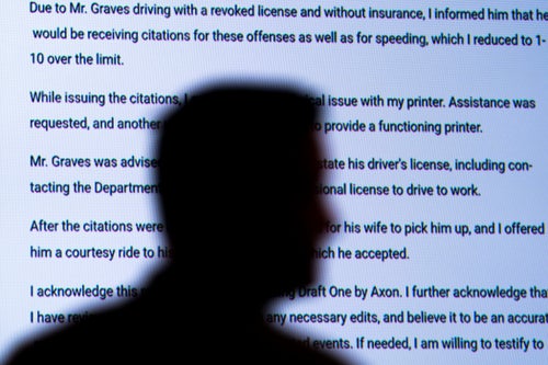 Captain Jason Bussert demonstrates Draft One, an AI powered software that creates police reports from body cam audio, at Oklahoma City police headquarters on May 31, 2024 in Oklahoma City, Oklahoma. 