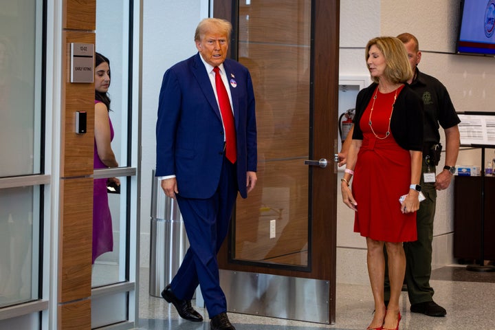 Former U.S. President Donald Trump leaves after casting his ballot at the Palm Beach County Supervisor of Elections on Aug. 14, 2024, as part of early voting for the state's upcoming down-ballot primary. 