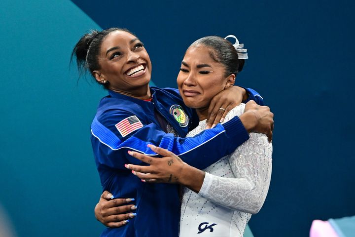 Simone Biles hugs teammate Jordan Chiles after a score change during the floor competition finals secured her a bronze medal at the Paris Olympics earlier this month. Biles said she'll be doing everything she can to support her colleague as USA Gymnastics works to get back her bronze.