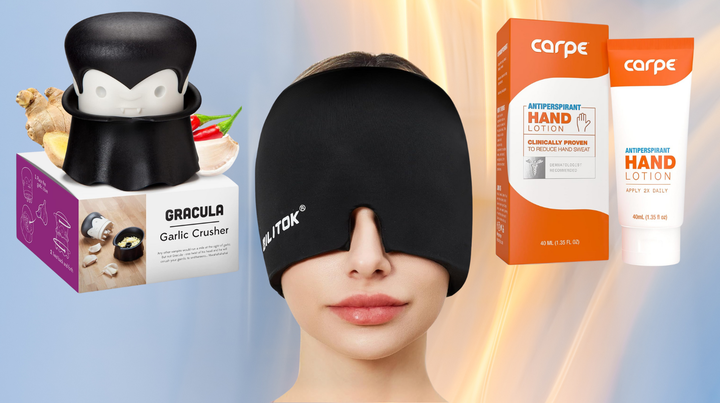 A Gracula garlic crusher, migraine relief head wrap and antiperspirant hand lotion.