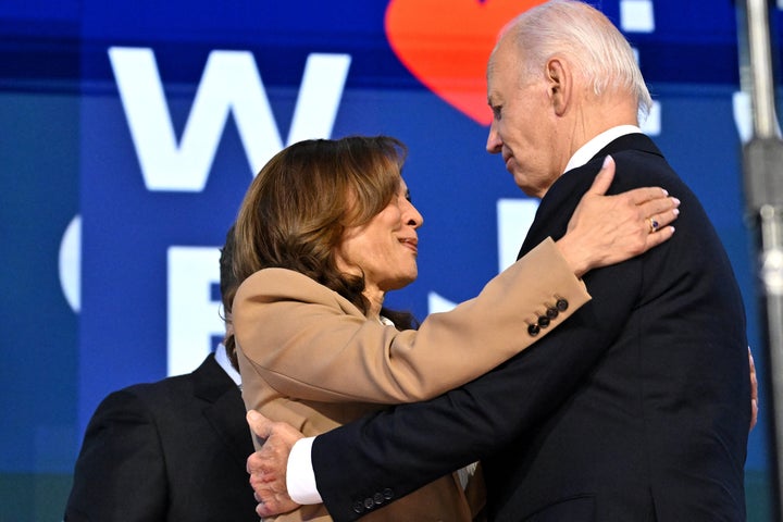 Vice President Kamala Harris greets President Joe Biden after his Aug. 19 speech at the Democratic National Convention in Chicago. Biden's departure as the Democratic presidential nominee dampened Kennedy's appeal.