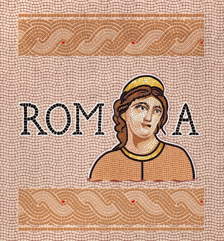 Antique Roman Mosaic of woman with golden headgear with name of city Rome - Illustration realized in Adobe Illustrator and Photoshop