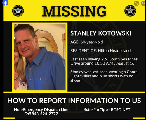 Stanley Kotowski was found dead on Monday, ending a 10-day search for him in the Hilton Head Island area, authorities said.