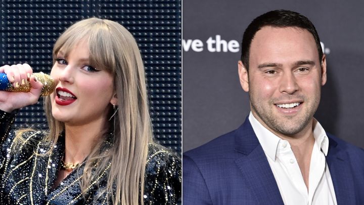 Photos show Taylor Swift, left, and Scooter Braun.