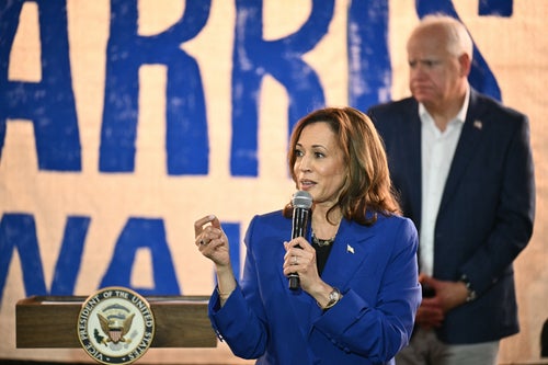 Vice President Kamala Harris is conducting her first interview as nominee alongside Minnesota Gov. Tim Walz, who is seen here looking on at a campaign stop in Pennsylvania.