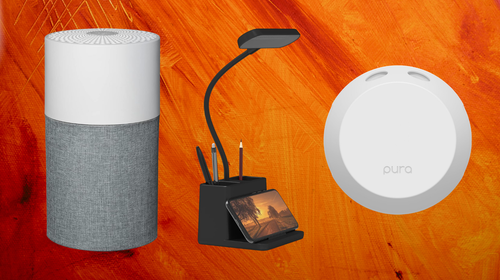 An energy-efficient air purifier, cordless desk lamp and scent diffuser.