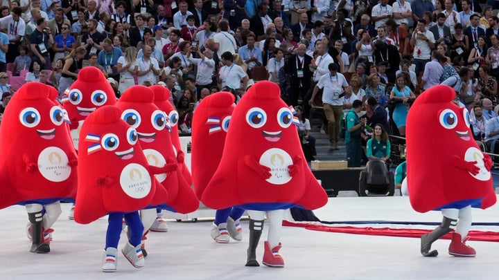 The Phryges, the Paris Games' mascots, come on stage during the Opening Ceremony for the 2024 Paralympics, Wednesday, Aug. 28, 2024, in Paris, France.