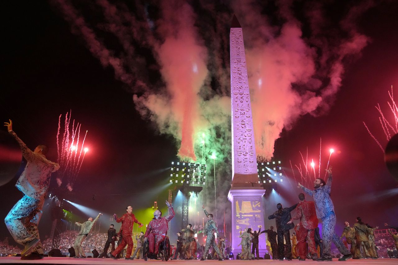 Fireworks light up Place de la Concorde during the Paris Paralympics opening ceremony.