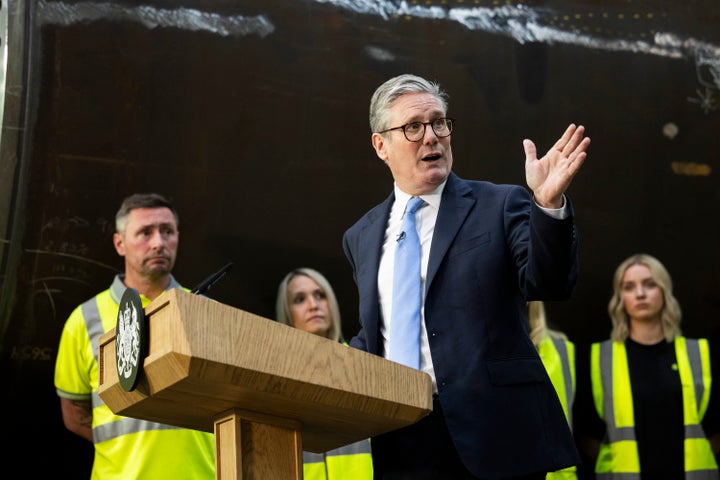 Starmer delivers a speech on clean energy during a visit to Hutchinson Engineering in Widnes, Cheshire, England, Thursday July 25, 2024.