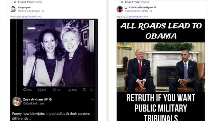 Two of the posts Trump shared to his Truth Social page this week.