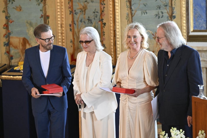 ABBA members Björn Ulvaeus, Anni-Frid Lyngstad, Agnetha Fältskog and Benny Andersson receive the Royal Vasa Order from Sweden's king and queen during a ceremony at Stockholm Royal Palace on May 31, 2024 for outstanding contributions to Swedish and international music life.