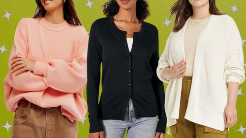 An oversized tunic sweater, a classic cardigan and a slouchy open-front sweater.