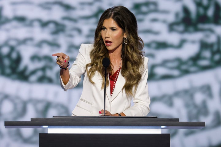 South Dakota Gov. Kristi Noem speaks at the Republican National Convention on July 15, 2024, in Milwaukee, Wisconsin.