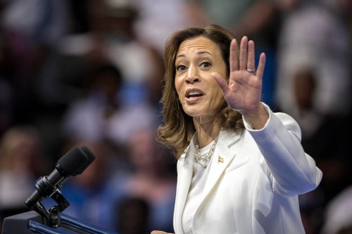 Democratic presidential nominee Vice President Kamala Harris speaks at a campaign rally on Thursday in Savannah, Georgia.