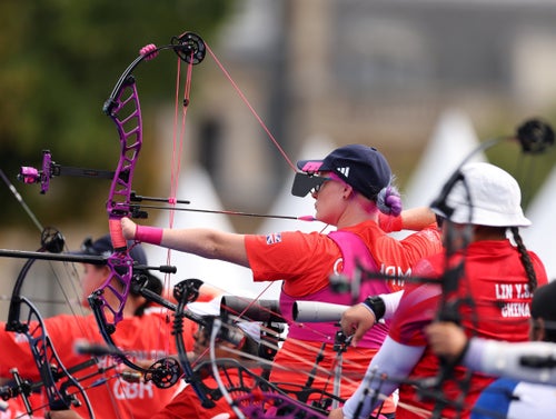 Jodie Grinham of Team Great Britain competes in the women's individual compound open ranking round on day one of the Paris 2024 Summer Paralympic Games.