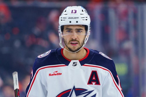 Columbus Blue Jacket Johnny Gaudreau is seen during an NHL game against the Philadelphia Flyers in 2023.