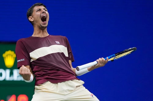 Alexei Popyrin, of Australia, reacts Novak Djokovic, of Serbia, during a third round match of the U.S. Open tennis championships, Friday, Aug. 30, 2024, in New York. (AP Photo/Julia Nikhinson)