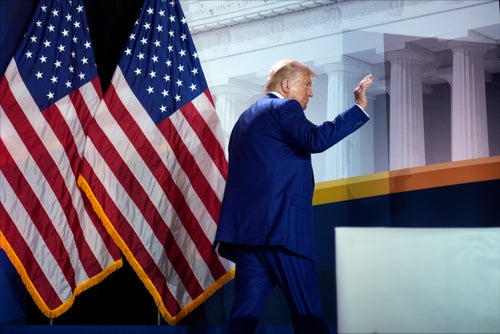 Republican presidential nominee former President Donald Trump leaves after an event with Moms for Liberty co-founder Tiffany Justice at the group's annual convention in Washington, Friday, Aug. 30, 2024. (AP Photo/Mark Schiefelbein)