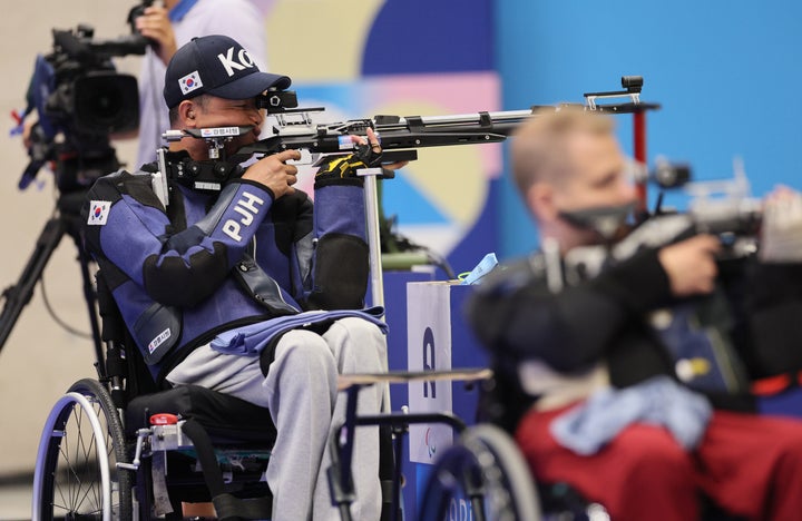 Jinho Park of Team Republic of Korea competes during the R1 - Men's 10m Air Rifle Standing SH1 Final on day three of the Paris 2024 Summer Paralympic Games at Chateauroux Shooting Centre on August 31, 2024 in Chateauroux, France.