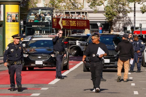 Police officers secure the area and investigate the scene of a shooting at Union Square in San Francisco on Saturday, Aug. 31, 2024. Ricky Pearsall, a player with the San Francisco 49ers, was shot late Saturday afternoon in a robbery in Union Square. Pearsall was rushed to San Francisco General Hospital, where he was being treated for his injuries and was expected to survive. The robbery suspect was immediately apprehended and arrested by police. (Photo by Santiago Mejia/San Francisco Chronicle via Getty Images)