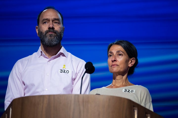 UNITED STATES - AUGUST 21: Jon Polin and Rachel Goldberg, parents of Hamas hostage Hersh Goldberg-Polin, speak on the third night of the Democratic National Convention at the United Center in Chicago, Ill., on Wednesday, August 21, 2024. (Tom Williams/CQ-Roll Call, Inc via Getty Images)