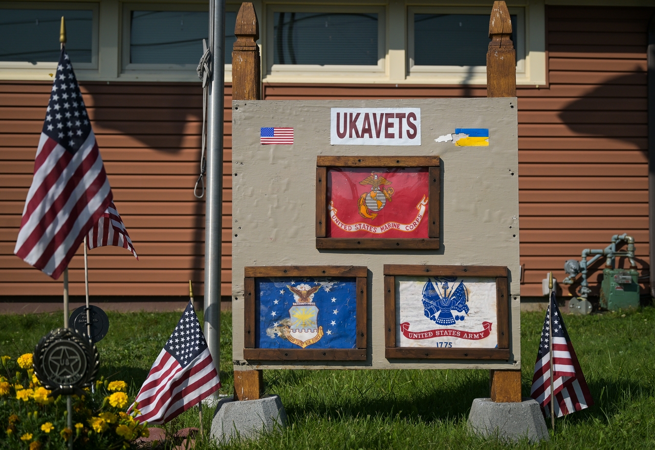 Flags and ephemera on display outside the American Ukrainian Vets Association in Scranton.