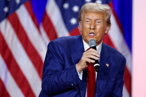 Former US President and Republican presidential candidate Donald Trump speaks during a town hall meeting at La Crosse Center in La Crosse, Wisconsin, on August 29, 2024. (Photo by KAMIL KRZACZYNSKI / AFP) (Photo by KAMIL KRZACZYNSKI/AFP via Getty Images)