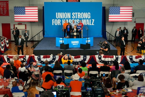Democratic presidential nominee Vice President Kamala Harris speaks at a campaign event at Northwestern High School in Detroit, Monday, Sept. 2, 2024. 