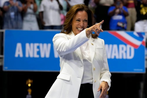Democratic presidential nominee Vice President Kamala Harris arrives for a campaign rally in Savannah, Ga., on Aug. 29, 2024. 