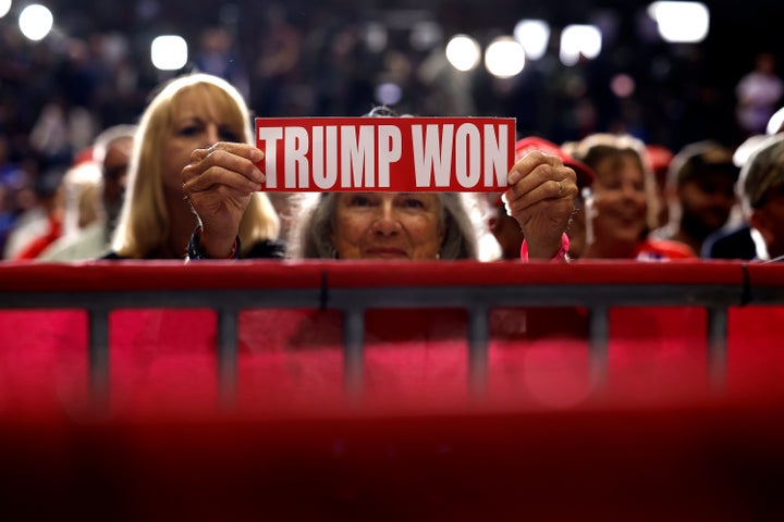 Supporters listen to speeches during a campaign rally with Republican presidential nominee, former U.S. President Donald Trump in the 1st Summit Arena at the Cambria County War Memorial on Aug. 30, 2024, in Johnstown, Pennsylvania.