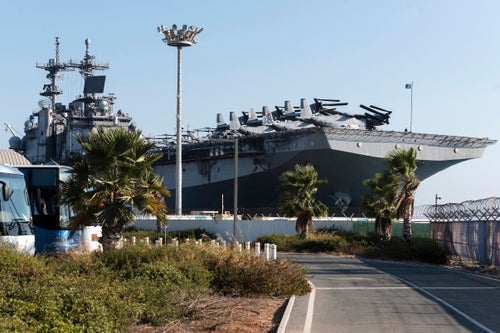 The USS Wasp, pictured in Cyprus last month, arrived in Izamir on Sunday after conducting joint training with Turkish assault ships in the Mediterranean.