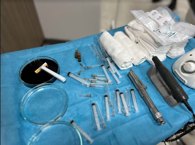 A photo shows a table setup for a hair transplant patient.