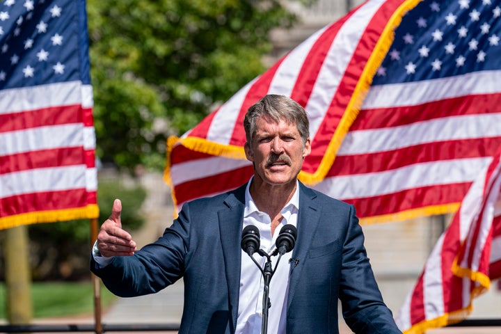U.S. Senate candidate Eric Hovde addresses the audience at a campaign rally on Aug. 20 in Kenosha, Wisconsin.