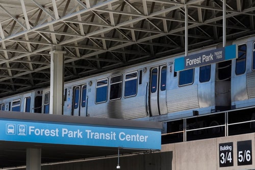 A Chicago Transit Authority Blue Line train waits at the Forest Park, Illinois, train station for the eastern journey to downtown Chicago on Tuesday, Sept. 3, 2024.