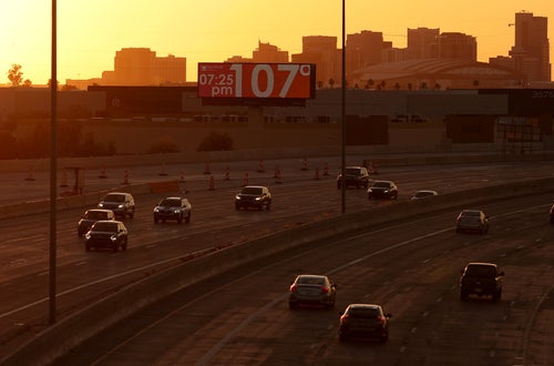 A billboard shows the current temperature over 100 degrees on June 05, 2024 in Phoenix, Arizona. 