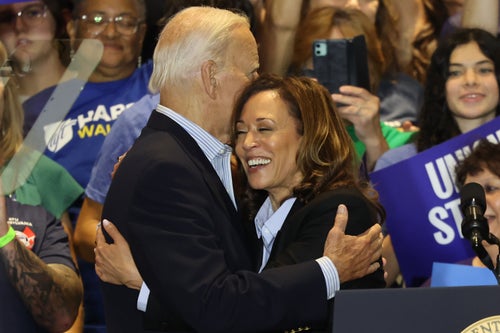 President Joe Biden, left, embraces Vice President Kamala Harris, the Democratic presidential nominee, during a campaign event Monday, Sept. 2, in Pittsburgh, Pennsylvania.