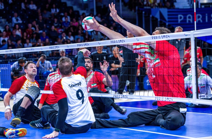 Mehrzad shows his stature on the court while playing sitting volleyball at the 2024 Paris Paralympic Games on Tuesday.