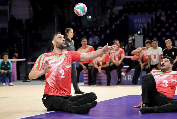 Mehrzad hits a serve during his match against Germany in sitting volleyball on day six of the Paris 2024 Summer Paralympic Games.