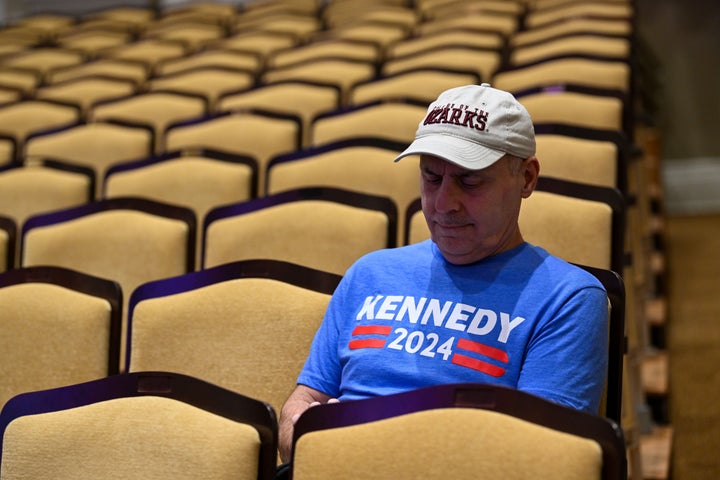 Darren Burke wears a "Kennedy 2024" tee shirt during a campaign rally for presidential candidate Robert F. Kennedy Jr. at St. Cecilia Music Center on Saturday, February 10, 2024 in Grand Rapids, Michigan.