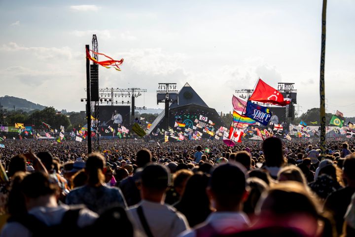 Foo Fighters perform on the Pyramid Stage at the Glastonbury Festival in Worthy Farm, Somerset, England, Friday, June 23, 2023.