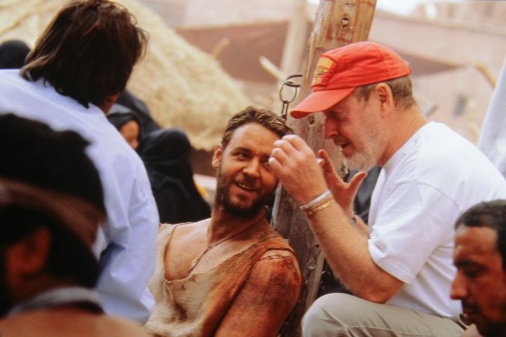 Russell Crowe and director Ridley Scott behind the scenes of Gladiator