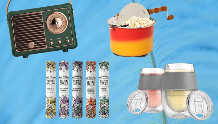 A retro Bluetooth speaker, popcorn popper, cooling drink glasses and Poo-Pourri set