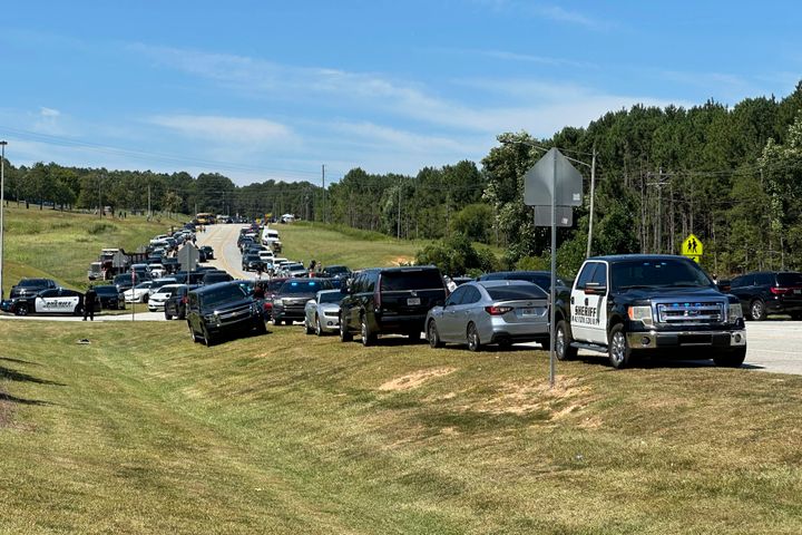 Police officers arrive after a shooting was reported at Apalachee High School in Winder, Georgia on Wednesday.