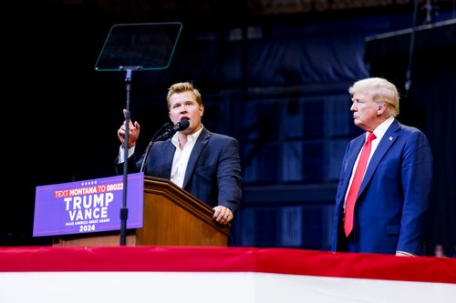 U.S. Senate candidate Tim Sheehy speaks on stage with Republican presidential nominee Donald Trump on Aug. 9, 2024, in Bozeman, Montana.