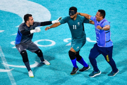 Jardiel Vieira Soares of Team Brazil celebrates after scoring his team's second goal during a men's preliminary match Sunday at the 2024 Paris Paralympic Games.