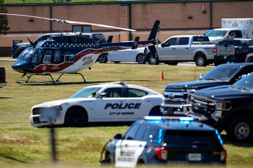 A medical helicopter is seen in front of Apalachee High School after a shooting at the school Wednesday.