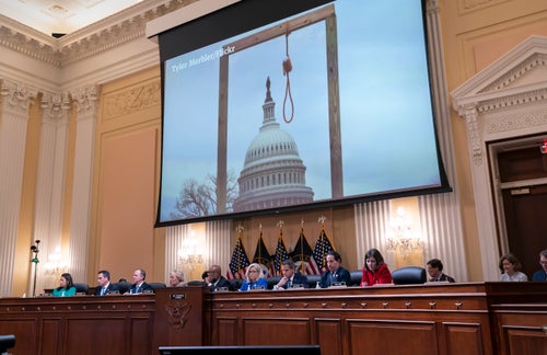 An image of a mock gallows on the grounds of the U.S. Capitol on Jan. 6, 2021, is shown as the House select committee investigating the Jan. 6 attack on the U.S. Capitol holds a hearing.